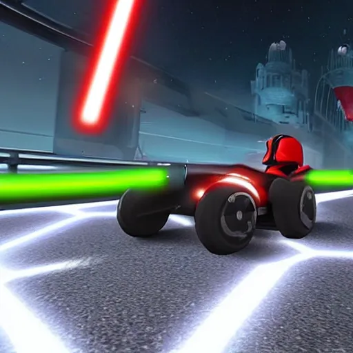 Image similar to still image of darth vader driving in mario kart tour deluxe race, unreal engine