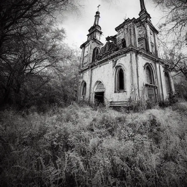 Image similar to abandoned church with overgrown vegetation, vintage infrared photograph