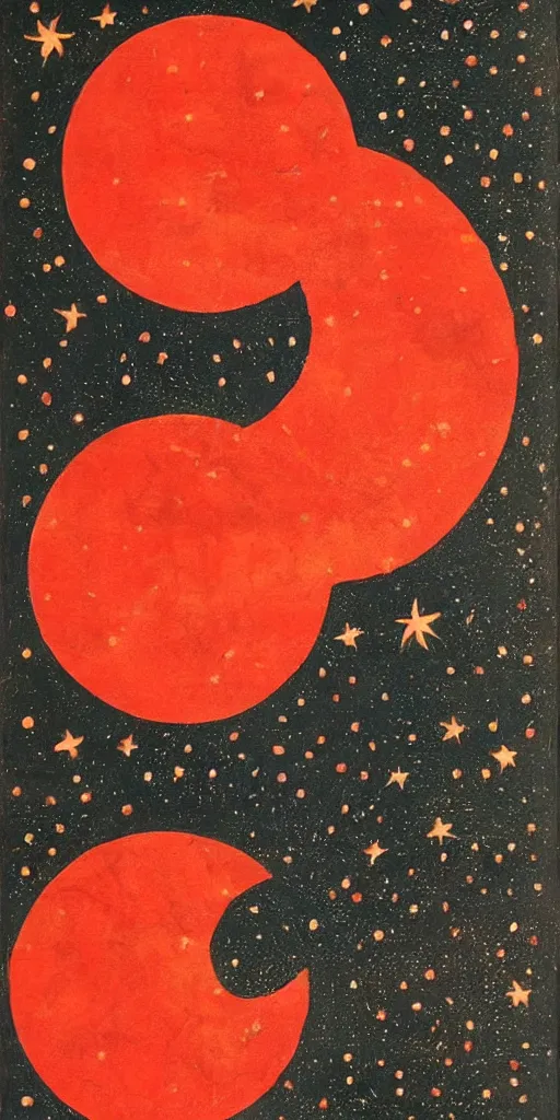 Image similar to oriental painting of the stars, the full red moon is far above, detailed, refined, high quality, parchment, blackened space, lots of stars