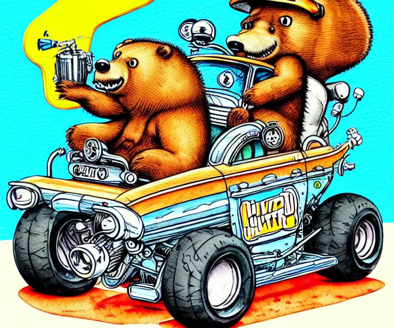 Prompt: cute and funny, grizzly, wearing a helmet, driving a hotrod, oversized enginee, ratfink style by ed roth, centered award winning watercolor pen illustration, isometric illustration by chihiro iwasaki, the artwork of r. crumb and his cheap suit, cult - classic - comic,