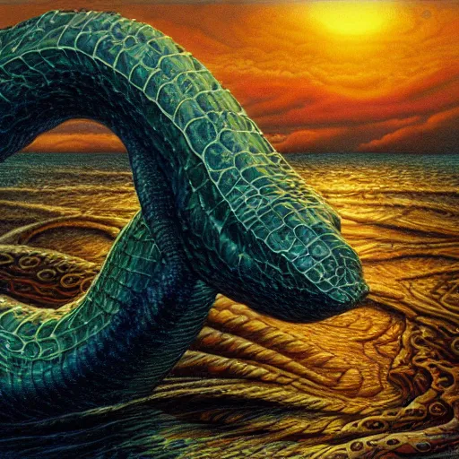 Prompt: Sea serpent, illustration by Michael Whelan, fantasy art, visionary art, acrylic painting, smooth blending