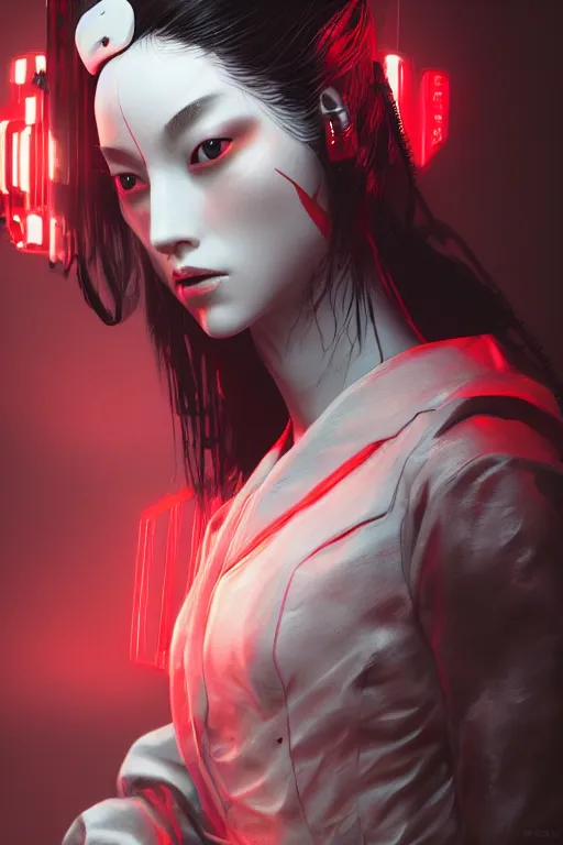 Image similar to A masterpiece portrait of a Incredibly cyberpunk geisha by Ash Thorp and Ikeuchi, red LED lights, extremely beautiful and proportionate face, sharp focus, hyper detailled, octane render, volumetric lightin