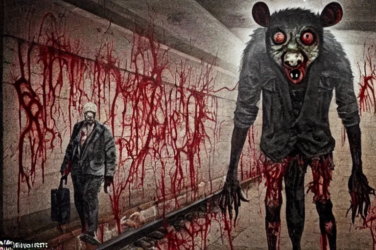 Image similar to very large giant mutant zombie irradiated angry rat staying on railways in tonnel of moscow subway. extreme high detail, very realistic. low dark light, scary mood. hermann nitsch