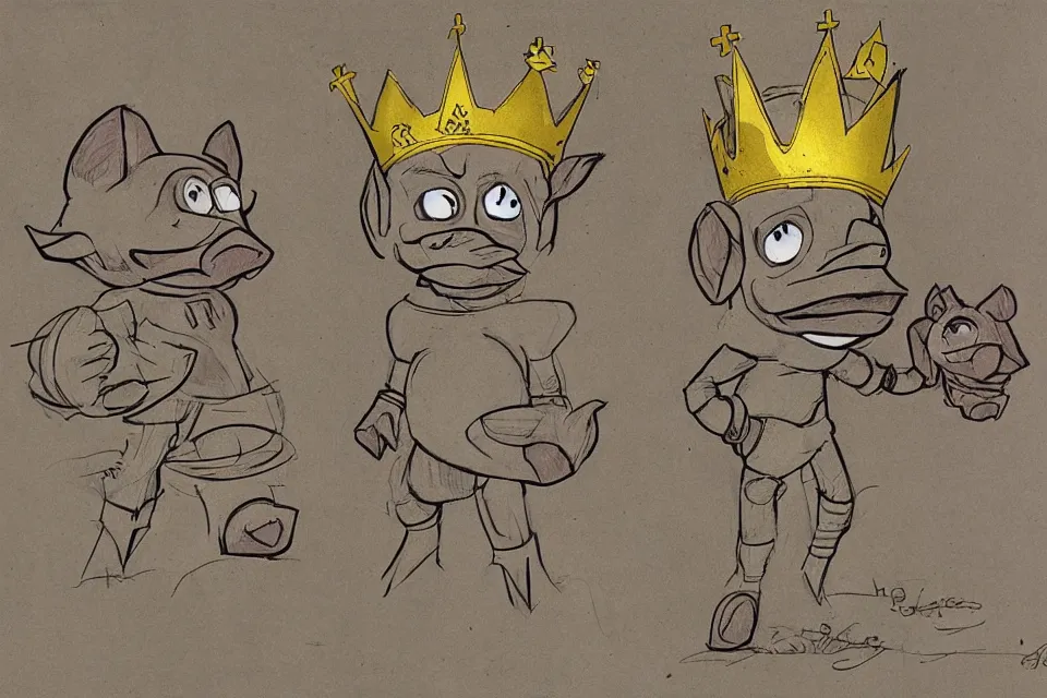 Image similar to concept sketches of a pig wearing a gold crown by jamie hewlett, in the style of megaman