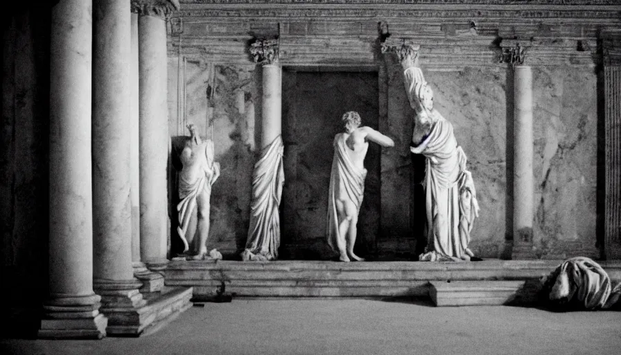 Prompt: movie still by of emperor caligula murdered by a man in toga in a neoclassical room, cinestill 8 0 0 t 3 5 mm b & w, high quality, heavy grain, high detail, dramatic light, ultra wide lens, anamorphic, blood, bleeding