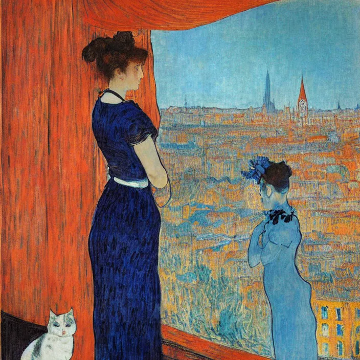 Image similar to woman in vermillion dress and white cat with city with gothic cathedral seen from a window frame with curtains. dark indigo blue, turquoise, gold, earth brown. sunset. bonnard, henri de toulouse - lautrec, utamaro, matisse, monet