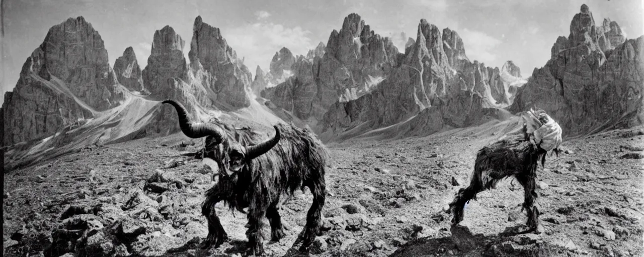 Image similar to historical photograph of an old alpine farmer from behind turning into a grotesque monster with goathorns and roots growing from his face, standing in the dolomites, full body, whole body, edelweiss growing from head