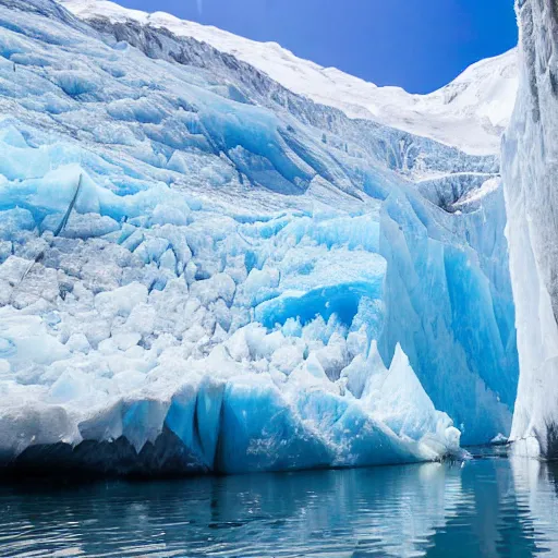 Image similar to a wide angle photograph taken on a kayak of a river with blue skies ahead and very tall blue frozen glaciers on the sides, rowing out of a frozen ice cave