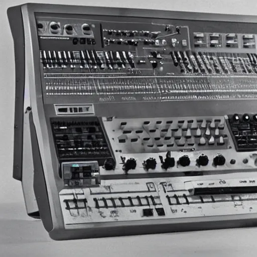 Image similar to a hybrid human / synthesizer, 1 9 8 0 s photo