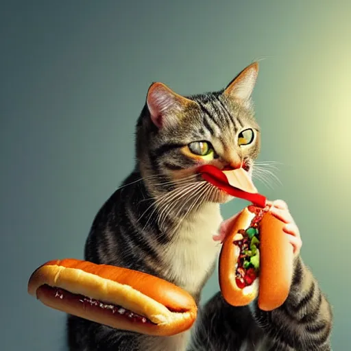 Prompt: cinematic shot epic portrait cat eating a hotdog, hyper realistic, mood lighting, fantasy, detailed face, highly detailed, super realistic, perfect lighting