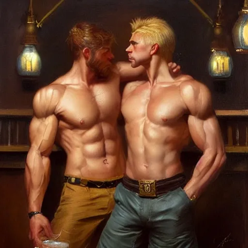 Image similar to attractive muscular male with brunet hair and attractive muscular male with blond hair. pants and shorts, drinking their hearts out, in a pub, close shot, very defined and detailed painting by gaston bussiere, j. c. leyendecker, craig mullins 8 k