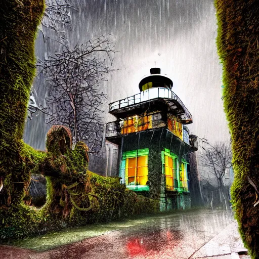 Prompt: photograph of a moss covered light house in the middle of a cyberpunk city on hills