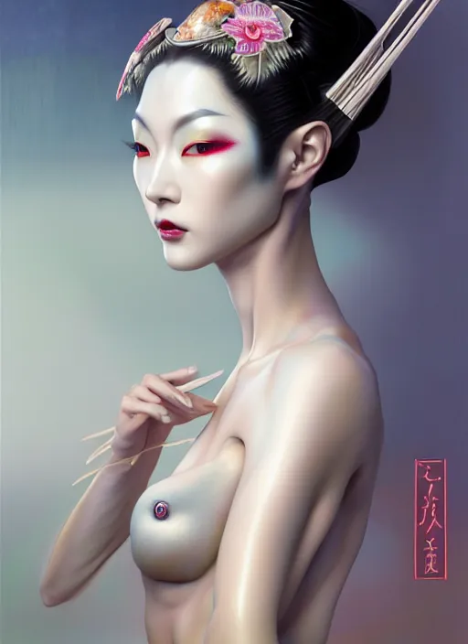 Image similar to organic seductive Geisha cyborg, pearlescent skin, diffuse lighting, fantasy, intricate, elegant, highly detailed, lifelike, photorealistic, digital painting, artstation, illustration, concept art, different full body view, smooth, sharp focus, art by John Collier and Albert Aublet and Leonardo da vinci and Krenz Cushart and Artem Demura and Alphonse Mucha