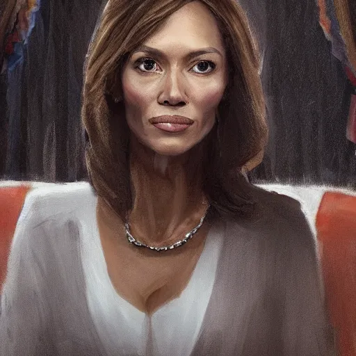 Image similar to portrait of maci holloway in the oval office, first woman elected as president in usa, cold but beautiful, about 3 5 years old, highly detailed, mix of halle berry and julia roberts, gong li, olga kurylenko, artstation hd, deviantart, by artgem, greg rutkowski