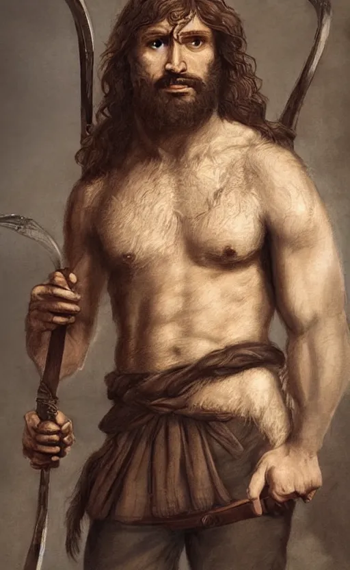 Image similar to renaissance full body portrait of a gruff ranger with a spear, lean and toned, handsome face, hairy chest and hairy body, D&D, intricate, elegant, highly detailed, digital painting, artstation, concept art, matte, sharp focus, chiaroscuro, well list, sharp detail, illustration, art by Da Vinci, Artgerm and Greg Rutkowski and Alphonse Mucha