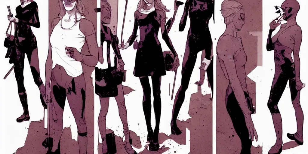 Prompt: style of Jaime McKelvie and Joshua Middleton comic book art, cinematic lighting, realistic, 6 people stabbing and shooting each other, The Purge, fires, bunny mask female villain holding a bloody kitchen knife, standing in an alleyway, full body sarcastic pose, symmetrical, realistic body, knee high socks, night, horror, dark color palette