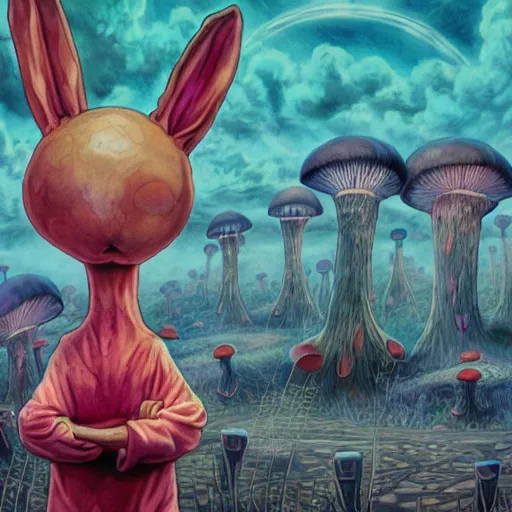 Image similar to 4 k headshot portrait of a psychedelic demonic anthropomorphic bunny rabbit with mushroom themed clothes, magic mushroom village in background. award winning. superb resolution. in the art style of junji ito and greg rutkowski. detailed mushroom city in background. hyper realistic anime. perfect art. dalle 2
