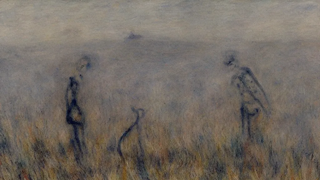 Image similar to a skeleton standing in a stomry, foggy wheat field in style of pierre - auguste renoir,, fine details,