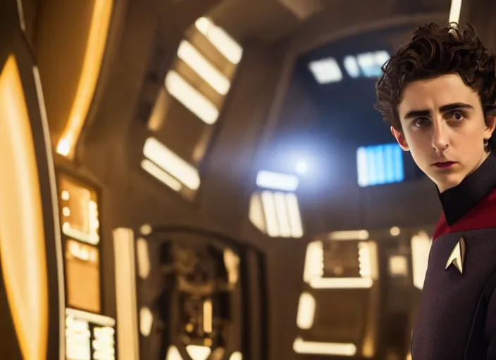 Prompt: Timothée Chalamet plays as captain in Star Trek Discovery, engine room and warp core in the background, 35mm photography, highly detailed, cinematic lighting, 4k