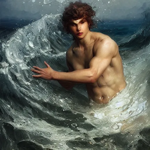 Prompt: epic battle brown haired boy summons a huge wave of water. greek sea god. extremely detailed. masterpiece. dramatic. rule of thirds. jc leyendecker. repin. ruan jia.