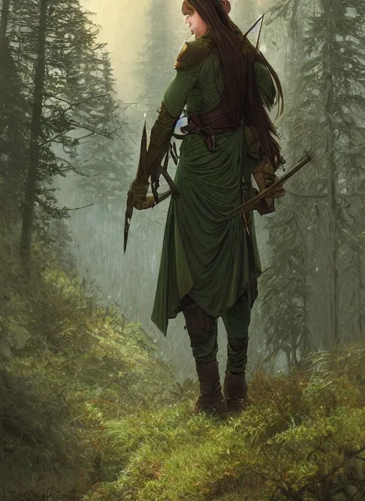 Image similar to elven soldier wearing a dark green tunic with a shield on his back standing at a forest looking for adventure in the mountains, tall trees, landscape is lush, moody sunset in background, greg rutkowski, alphonse mucha, trending on artstation, artgerm, unreal engine, breathtaking, award winning, highly detailed