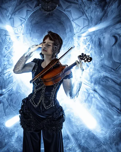 Image similar to a extremely detailed masterpiece of a violin singer in a steampunk, laser symmetric lights and ice, opening a portal into another dimension, in the style of aleksi briclot, glowing light and shadow, hyperrealist, 8 k