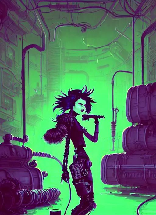 Image similar to highly detailed portrait of an moody wasteland punk long dripping green poison hair tribal lady, stray neon green sludge hoses by atey ghailan, james gilleard, by joe fenton, by greg rutkowski, by greg tocchini, by kaethe butcher, 4 k resolution, gradient purple, brown black and white color scheme!!! ( ( green flaming robotic sewer background ) )