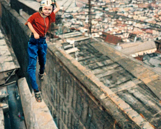 Prompt: lomo photo out of focus of roofjumpers climbing on roof of soviet hrushevka, small town, cinestill, bokeh, out of focus