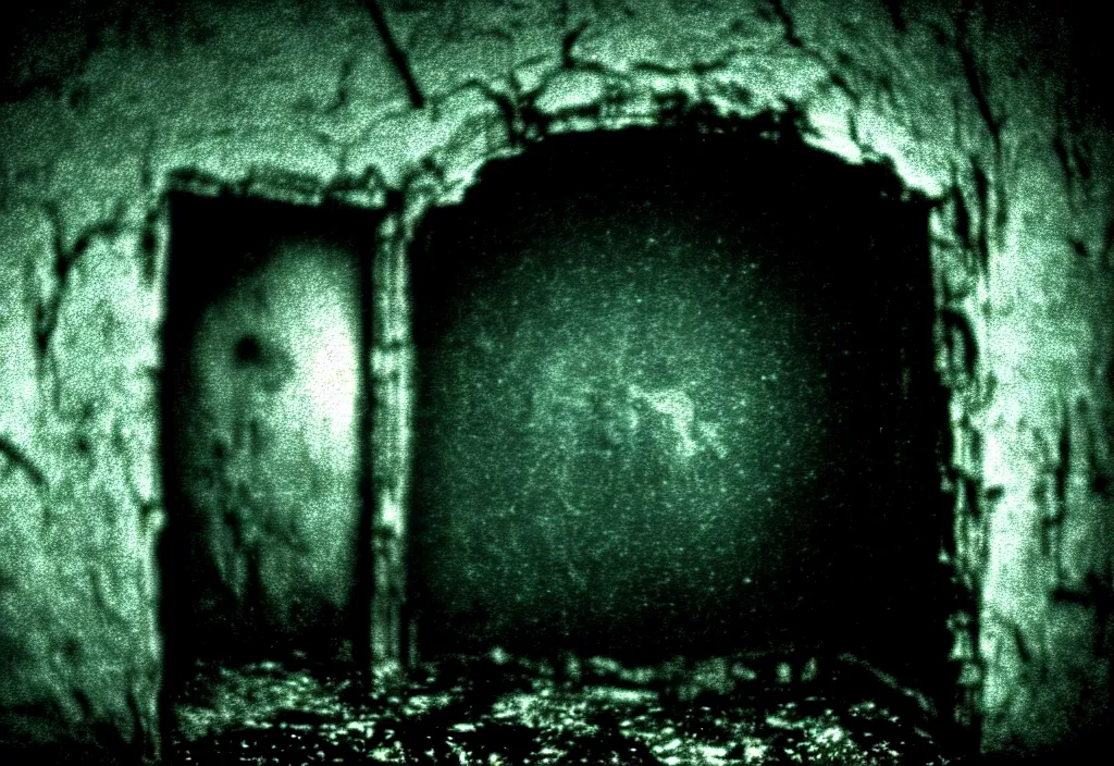 Image similar to a film still of a mysterious portal into a horrifying universe, scifi, horror, photo, nightmare, found footage, film grain, creepy