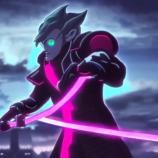 Image similar to Ganondorf in the style of Tron Legacy, wielding a large neon fantasy greatsword, tron legacy city in the background, dark black sky