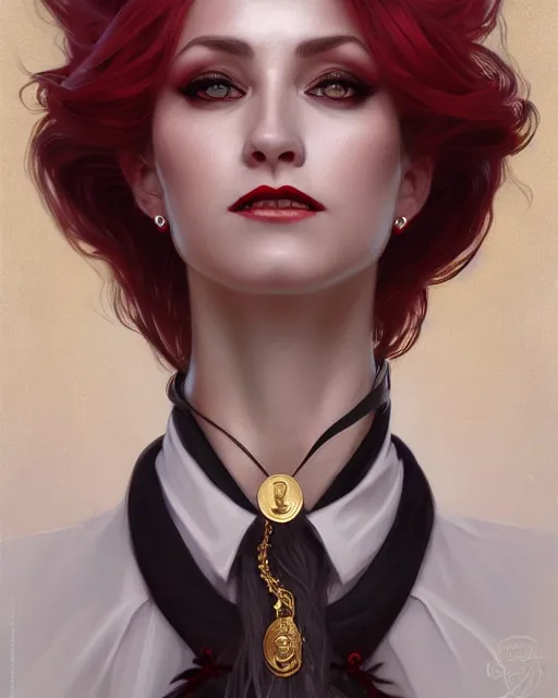 Image similar to female queen vampire, perfect face, gold waistcoat, red shirt, long grey hair, red necktie, cinematic, stunning, highly detailed, digital painting, artstation, smooth, hard focus, illustration, art by artgerm and greg rutkowski and alphonse mucha