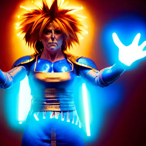 Image similar to uhd candid photo of alex jones as a dbz character, glowing blue, global illumination, radiant light, detailed, intricate costume. photo by annie leibowitz