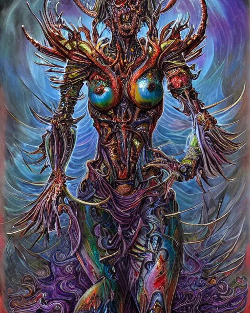 Image similar to silver mechanical charred bloody fleshmetal cyborg daemonhost woman psychedelic flamer of tzeentch with weaponized extra arms, blue and green rainbow fire, by antonio j. manzanedo, alex grey, android jones, wayne barlowe, philippe druillet, josephine wall, harumi hironaka, cronenburg, trending on artstation