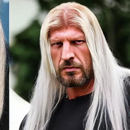 Prompt: triple H with long white hair