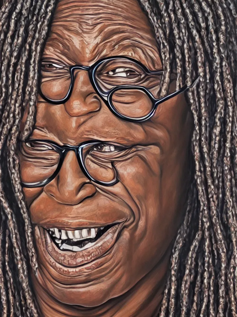 Image similar to portrait of whoopi goldberg, by visionary artist alex grey, painting, hyper realistic, super detailed, high resolution