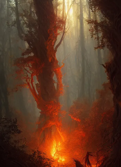 Prompt: burning forest inhabited by elves, d & d, fantasy, intricate, elegant, highly detailed, digital painting, artstation, concept art, smooth, sharp focus, illustration, art by artgerm and greg rutkowski and alphonse mucha