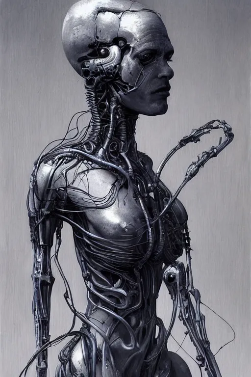 Prompt: surreal painting of a woman by Greg Rutkowski and H.R Giger, Vincent Di Fate, cyborg of old age, hair as wires, haunting appearance, pale as marble, biomechanical and intricate, empty expression, frightening, space horror, fascinating, highly detailed portrait, digital painting, artstation, concept art, smooth, sharp focus illustration, duo tone, HQ.