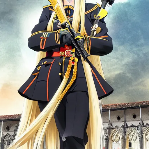 Prompt: oung princess with long blond hair in a German military uniform stands in the cathedral with a sword, in the style of anime, by Otomo Katsuhiro, HD, 8K