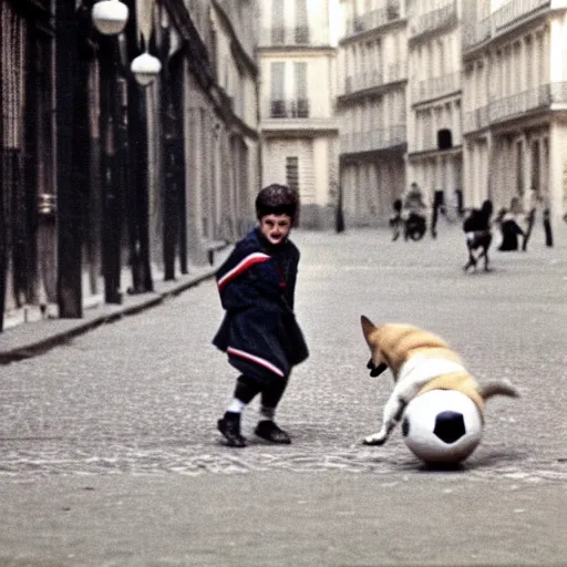 Image similar to a french boy on the streets of paris playing football against a corgi, the dog is wearing a polka dot scarf, book illustration, 1 9 6 6