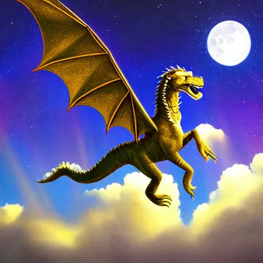 Image similar to wide shot falcor the luck dragon flying above clouds in the moonlight god rays hyperrealism