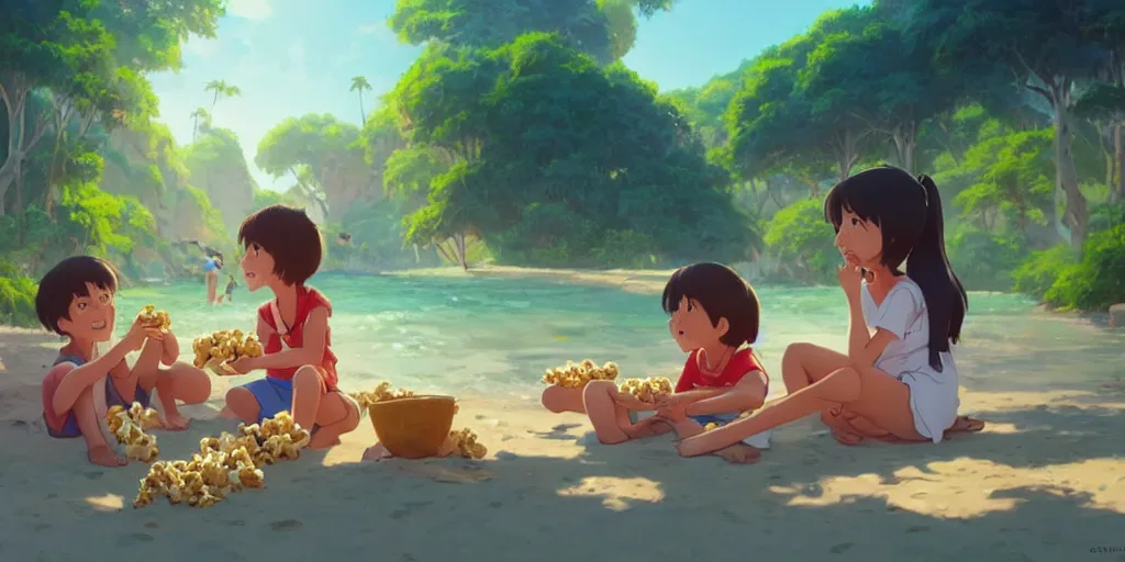 Prompt: a wholesome animation key shot of kids eating popcorn at a tropical beach, medium shot, waist up, studio Ghibli, Pixar and Disney animation, sharp, very detailed, high resolution, Rendered in Unreal Engine 5, anime key art by Greg Rutkowski, Bloom, dramatic lighting