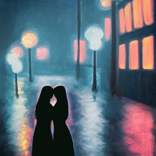 Prompt: #Two girls embracing each other in a rainy night, with many city lights beside them#