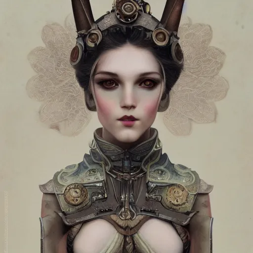 Prompt: tom bagshaw, curiosities carnival, soft paint of a single beautiful kawai rabbitgirl in a full steampunk armor, symmetry accurate features, focus, very intricate ultrafine details, award winning masterpiece