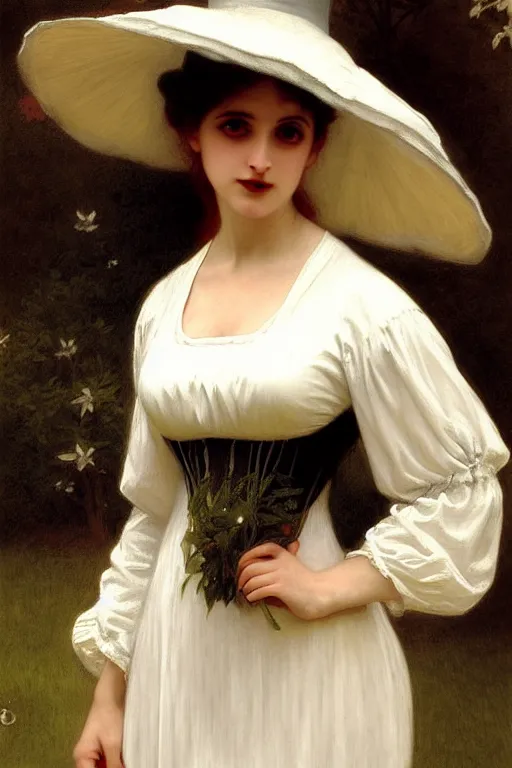 Image similar to victorian vampire in a big hat, white dress, painting by rossetti bouguereau, detailed art, artstation