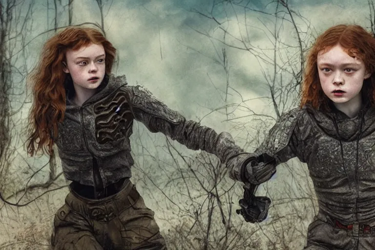 Image similar to sadie sink in a hoodie : runs fast. cyborg behind : runs fast. dirt, fantasy, soviet dystopian art by ayami kojima, vasnetsov, cedric peyravernay