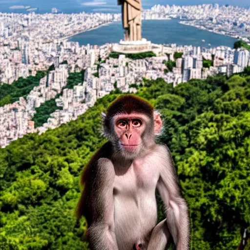 Image similar to high quality portrait of a monkey in front of Christ The Redeemer, studio photograph, photograph, realistic photo, 8k photo, 4k photo, stock photo, high resolution, cinematic shot, high detail