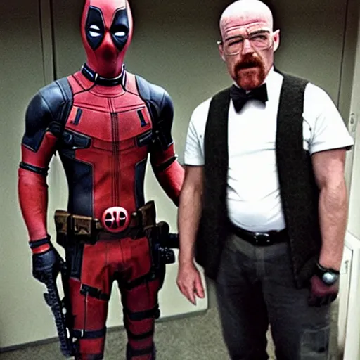 Prompt: deadpool and walter white real photo.