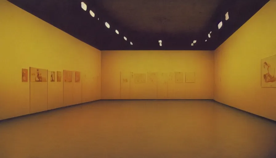 Prompt: 60s movie still of a sovietic stalinist style empty art museum with a soviet congress with yellow wall, by diy redscale, liminal Space style, heavy grain