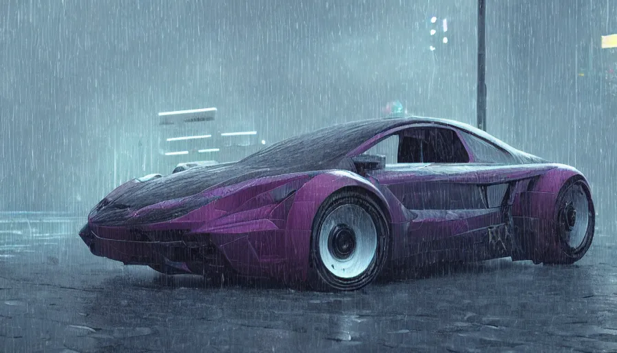 Image similar to a picture of a car in the rain, cyberpunk art by fyodor vasilyev, zbrush central contest winner, cubo - futurism, synthwave, darksynth, retrowave