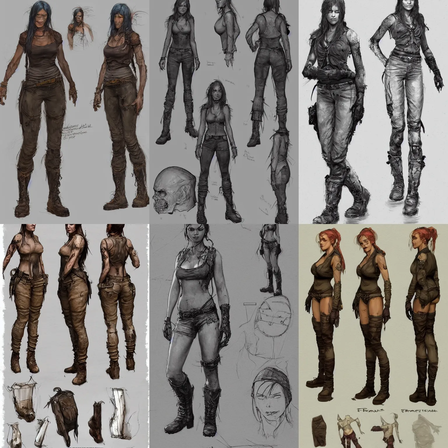Prompt: character design, reference sheet, 40's adventurer, female, optimistic, stained dirty clothing, heavy boots, tank top, detailed, concept art, photorealistic, hyperdetailed, art by Frank Frazetta